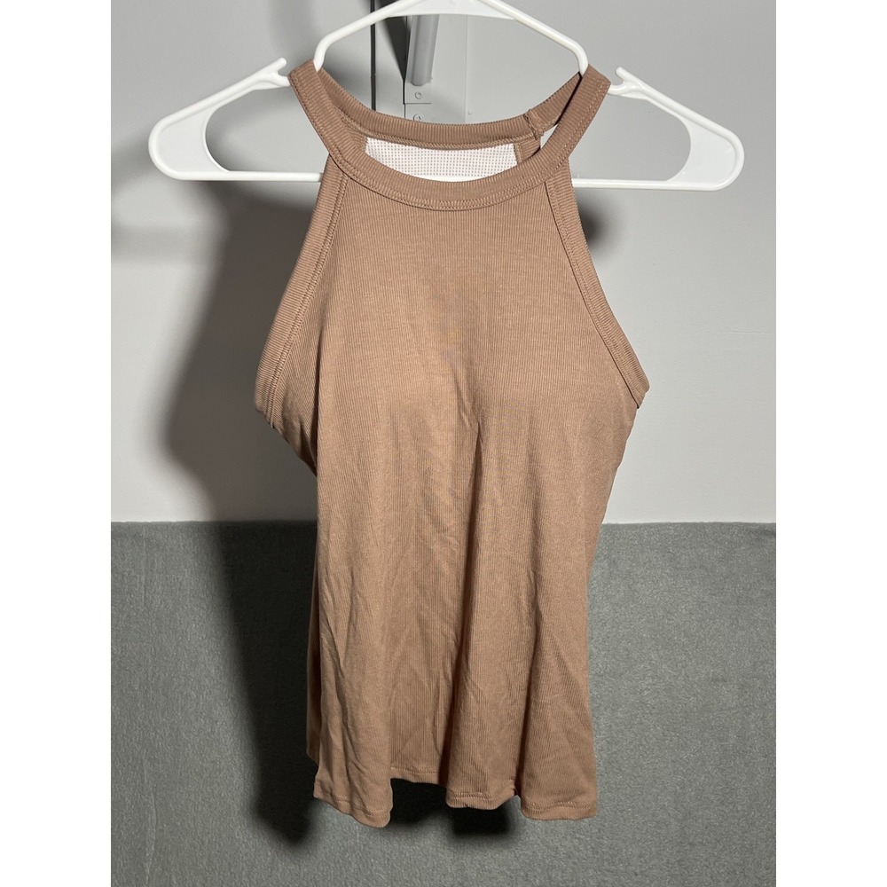 Women's Ribbed Knit Halter Tank Top with Built-in Bra Tan XL
